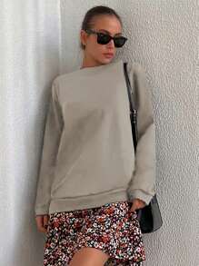 RueChic Solid Round Neck Contrast Floral Print Hem Sweatshirt Dress - Apricot - View 5