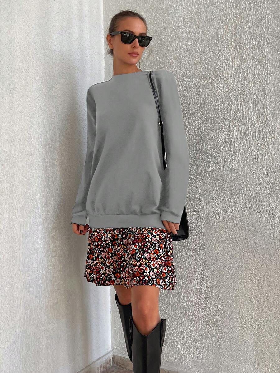 RueChic Solid Round Neck Sweatshirt Dress - Grey - View 1