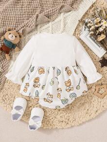 女嬰卡通圖案喇叭袖荷葉邊下擺腰拼接連體衣連衣裙 - 彩色 - 查看 2