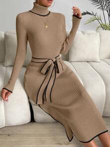 SHEIN Clasi Contrast Binding Turtleneck Belted Sweater Dress - Khaki - View 4