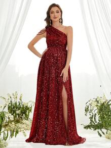Maternity One Shoulder Split Thigh Sequin Formal Dress - Red - View 5