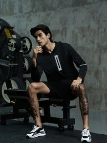 Manfinity Sport Corelite 男友风男士几何印花拉链连帽运动夹克健身上衣运动夹克 - 黑色 - 查看 7