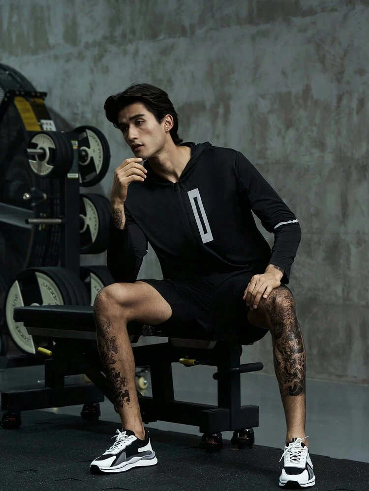 Boyfriend Style Men Geo Print Zip Up Hooded Sports Jacket Workout Tops Sports Jacket