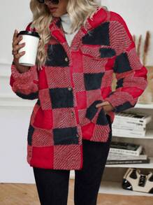 SHEIN LUNE Buffalo Plaid Pattern Drop Shoulder Flap Detail Teddy Coat - Multicolor - View 5