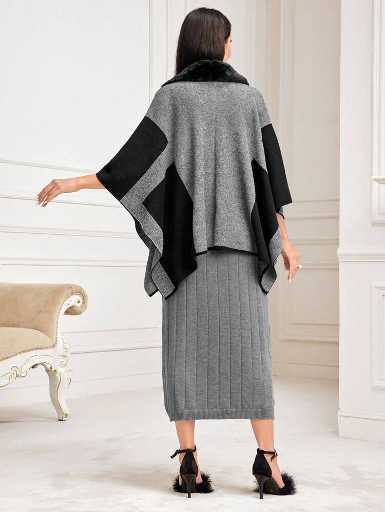 Batwing Sleeve Cardigan & Knit Dress Without Belt 2 Piece Set