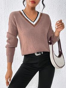 SHEIN Unity Striped Trim Drop Shoulder Sweater - Khaki - View 5