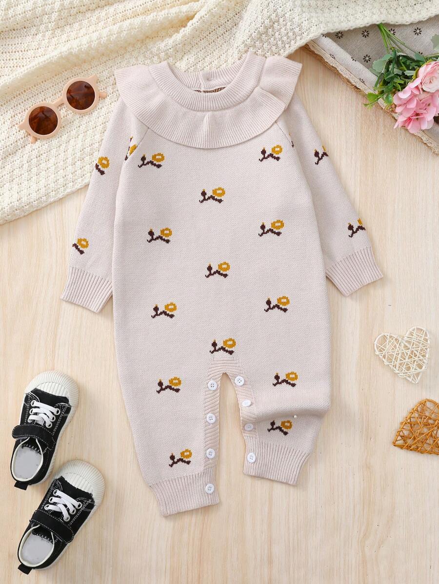 Baby Girl Floral Pattern Ruffle Trim Knit Jumpsuit - Multicolor - View 1