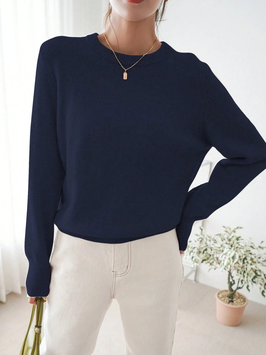 DAZY New Solid Color Casual Business Knit Sweater, Autumn,Fall Women Clothes - Navy Blue - View 1