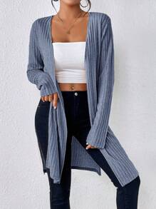 SHEIN Frenchy Viền chia cắt Đồ đan Ribbed Mở Mặt trước áo - Màu xanh lam - Xem 1