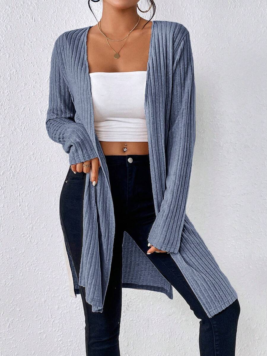 SHEIN Frenchy Viền chia cắt Đồ đan Ribbed Mở Mặt trước áo - Màu xanh lam - Xem 1