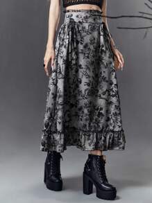 ROMWE Goth Floral Print Tie Side Ruffle Hem Skirt - Multicolor - View 6