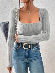 SHEIN Frenchy 方領條紋針織T恤 - 灰色 - 查看 1