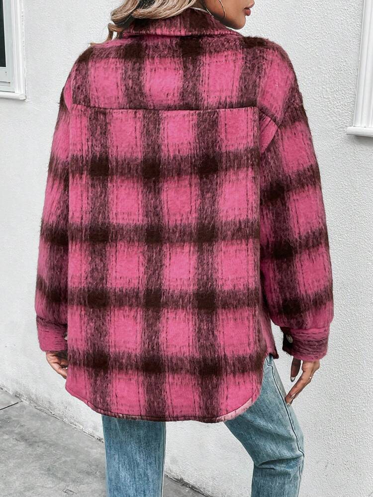 Plaid Print Drop Shoulder Flap Pocket Overcoat Fall Cloth For Women