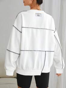 SHEIN EZwear Letter Patched Top-Stitching Drop Shoulder Sweatshirt In Fall/Winter - White - View 2