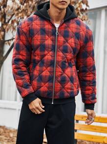 Manfinity Homme Men Plaid Print Zip Up Hooded Padded Coat - Red - View 5