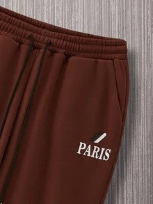 Manfinity Homme Men Letter Graphic Kangaroo Pocket Drawstring Hoodie & Sweatpants - Coffee Brown - View 4