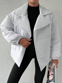 EURMUSE Lapel Neck Drop Shoulder Belted Puffer Coat - White - View 2