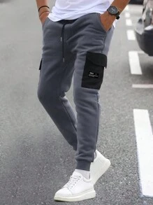 Manfinity Homme Nam Đồ họa Chữ cái Túi có nắp Eo dây rút Nhiệt Quần - Màu xám đen - Xem 3