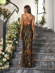 ANGEL FASHIONS Contrast Sequin Mermaid Hem Formal Dress - Gold - View 2