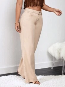 SHEIN SXY 素色闊腿牛仔褲 - 杏色 - 查看 5