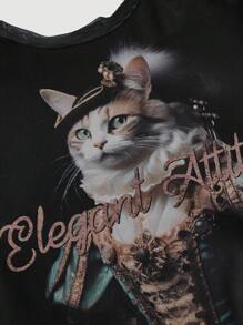 SHEIN MOD Cartoon & Letter Graphic Lettuce Trim Crop Tee - Black - View 3