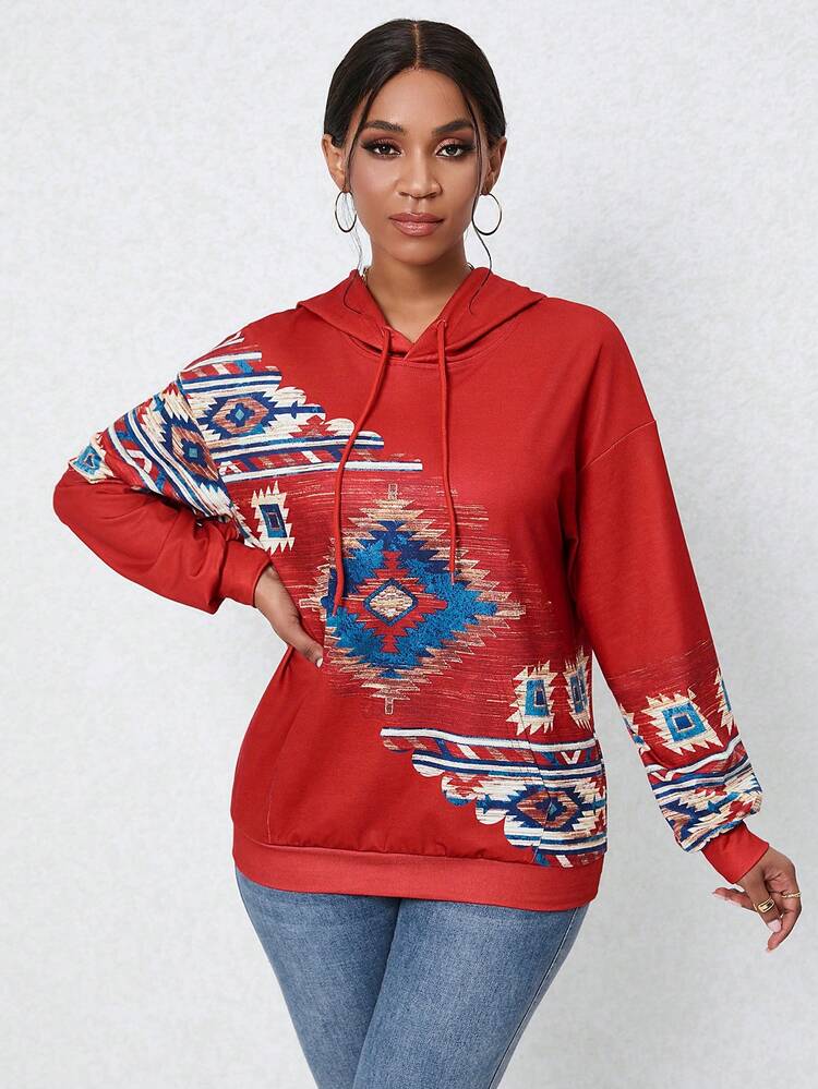 Geo Print Drop Shoulder Drawstring Hoodie Pullover Fall Sweatshirt
