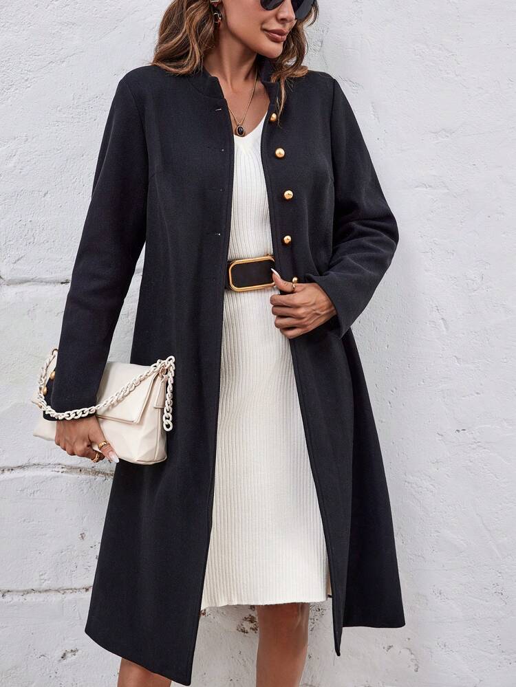 Solid Button Front Overcoat Fall Cloth For Women