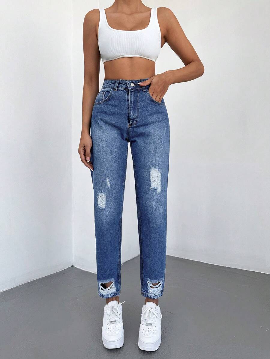 SHEIN Cottnline High Waist Ripped Mom Fit Jeans - 藍色 - 查看 1