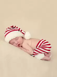 Baby Girl Striped Print Pom Pom Trimmed Hat & Shorts - Multicolor - View 1