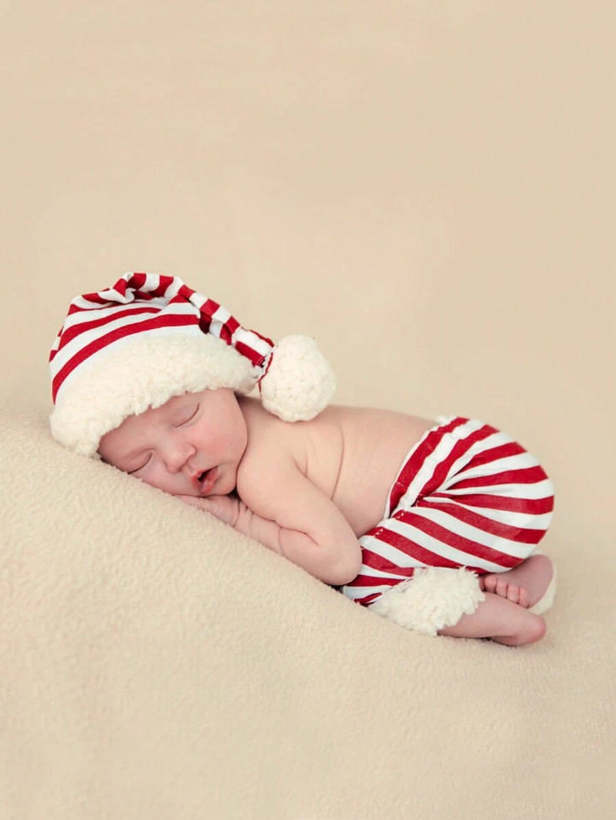 Baby Girl Striped Print Pom Pom Trimmed Hat & Shorts - Multicolor - View 1