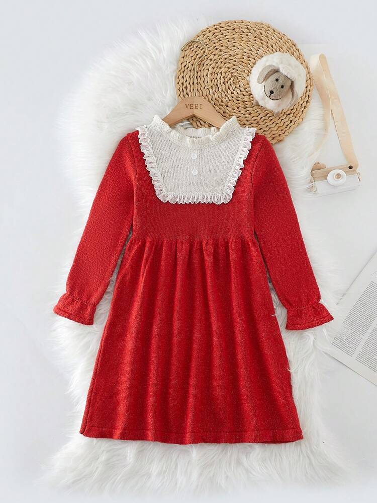 Young Girl Contrast Lace Flounce Sleeve Sweater Dress