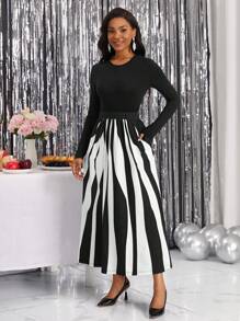 SHEIN Lady 女士純色修身上衣和彩色彈性腰裙兩件套 - 黑與白 - 查看 6