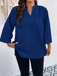 SHEIN LUNE Plus Allover Print Notched Neckline Roll Tab Sleeve Blouse - Blue - View 5
