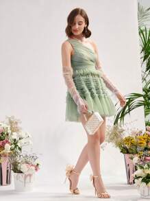 Enchnt Vestido de un hombro bajo con fruncido de malla