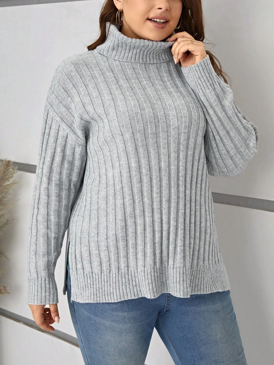 SHEIN LUNE Hơn Áo cao cổ Thả vai Viền chia cắt Áo len - Xám - Xem 1