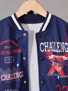 SHEIN Tween Boy Letter Graphic Striped Trim Varsity Jacket Without Hoodie - Multicolor - View 3