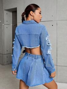 SHEIN ICON Cazadora mezclilla crop desgarro bajo crudo con diseño de solapa - Lavado ligero - Ver 2