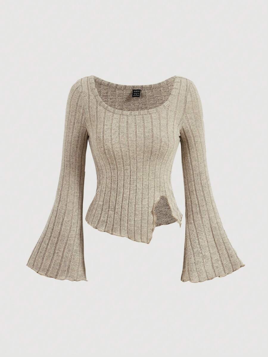 SHEIN MOD Scoop Neck Flare Sleeve Split Hem Tee - Apricot - View 1