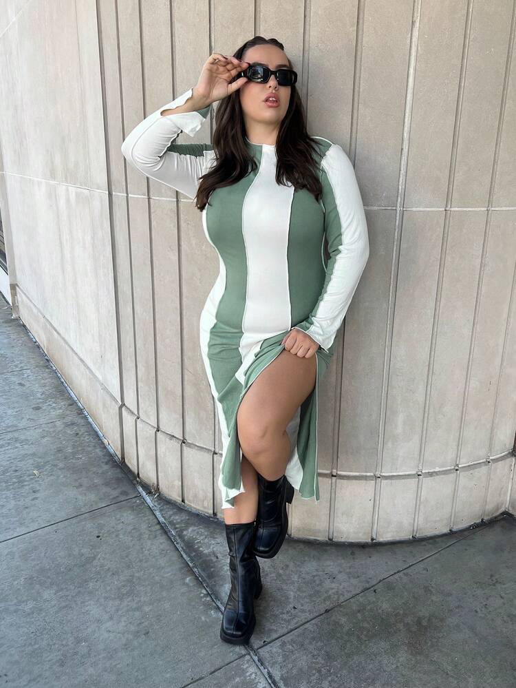 Plus Size Contrast Color Dress With Split Hem And Outside Seam