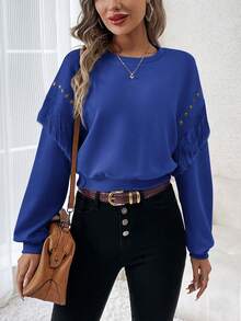 SHEIN Clasi Studded Detail Fringe Trim Drop Shoulder Sweatshirt - Royal Blue - View 4
