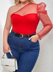 SHEIN Privé Talla grande Top de un hombro de malla de manga gigot - Rojo - Ver 1