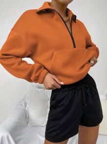 SHEIN Unity Kangaroo Pocket Drop Shoulder Half Zip Pullover - Orange - View 4