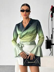 SHEIN Privé Ombre Flounce Sleeve Knot Side Blouse - Green - View 5