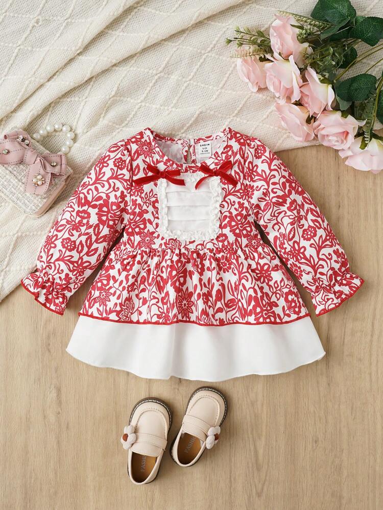 Baby Girl Floral Print Flare Sleeve Bow Front Contrast Lace Dress
