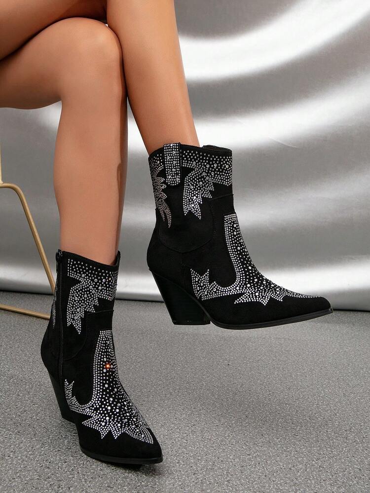 Styleloop Women's Fashionable Western Short Boots With Rhinestone Detail - Black - View 3