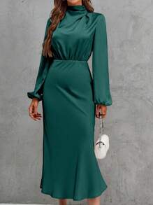 SHEIN Clasi Chất rắn Ống cổ Tay áo lồng đèn Nàng tiên cá Hem Đầm - màu xanh lá - Xem 4