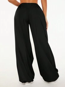SHEIN PETITE Solid Drawstring Waist Parachute Pants - Black - View 2