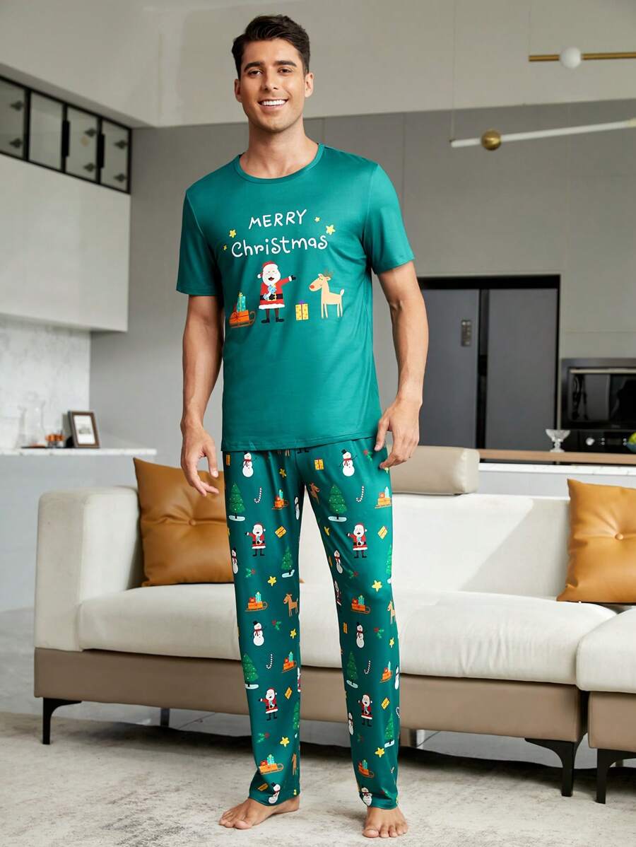 Hombres Conjunto de pijama con estampado de dibujos animados - Verde - Ver 1
