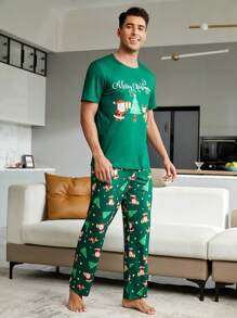 Conjunto de pijama con camiseta y pantalones estampados navideños para hombres - Verde - Ver 6