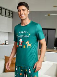 Men's Funny & Cute Green Knitted Christmas Pajama Sets With Cartoon Pattern - Green - View 4
